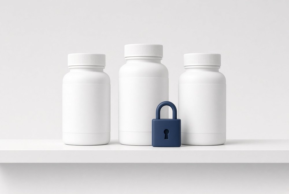 Plain pharmacy bottles behind a closed padlock